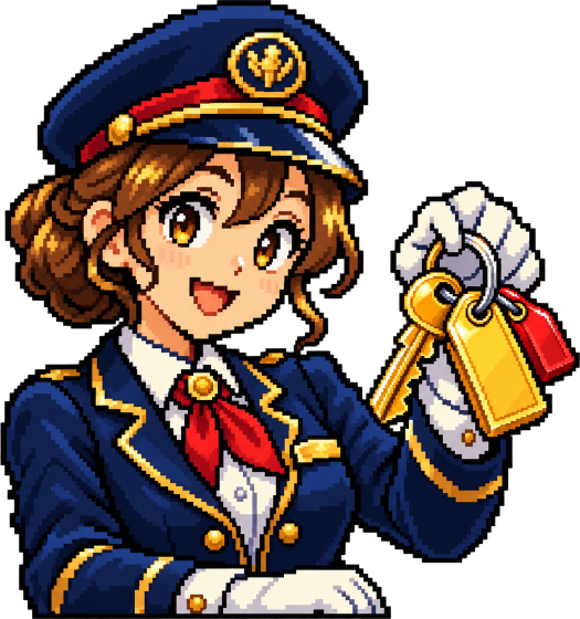 The Clerk, a claims-desk attendant in a navy uniform holding up a set of gold keys